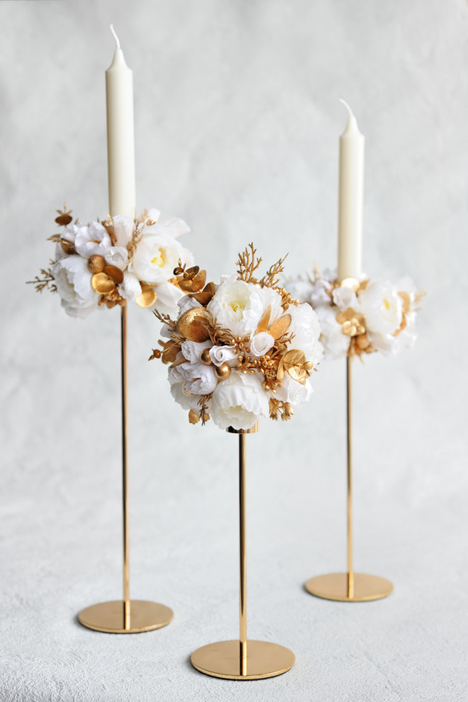 Набор высоких подсвечников с декором, цвет бело-золотой