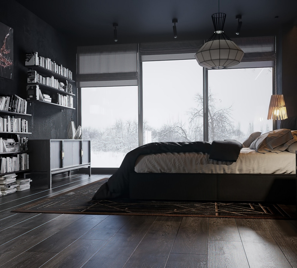 Темный интерьер спальни в каменном виде