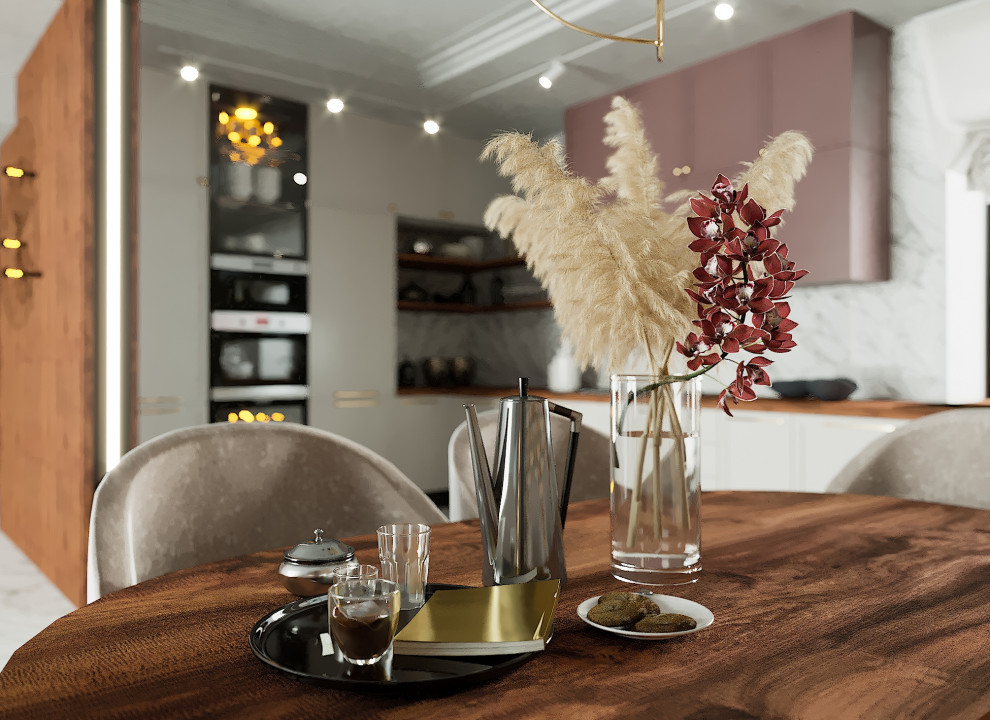 Интерьер кухни-столовой-гостиной в коттедже Дом с двумя соснами