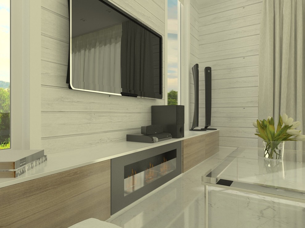 Интерьер кухни-гостиной в загородном доме из клееного бруса, г. Ижевск