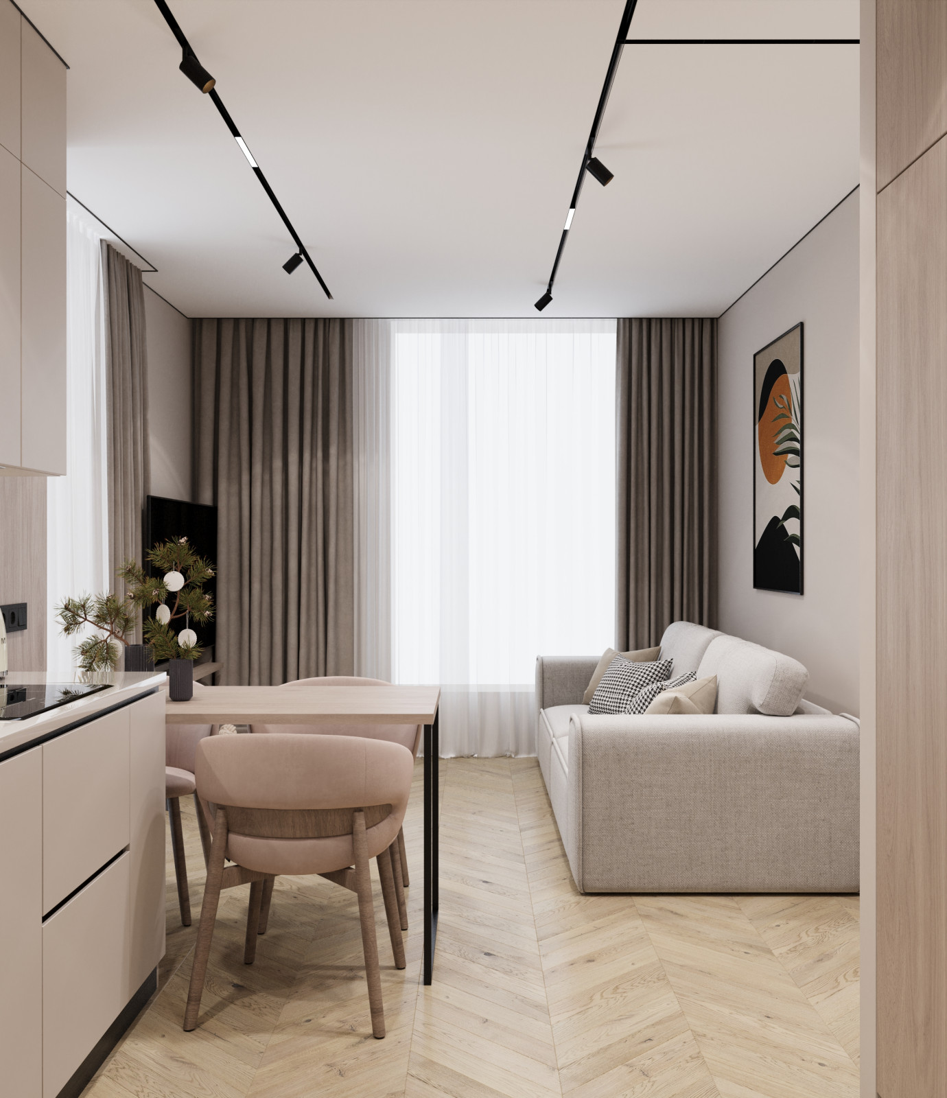 Дизайн интерьера кухни-гостиной в квартире  ЖК "Брусника"