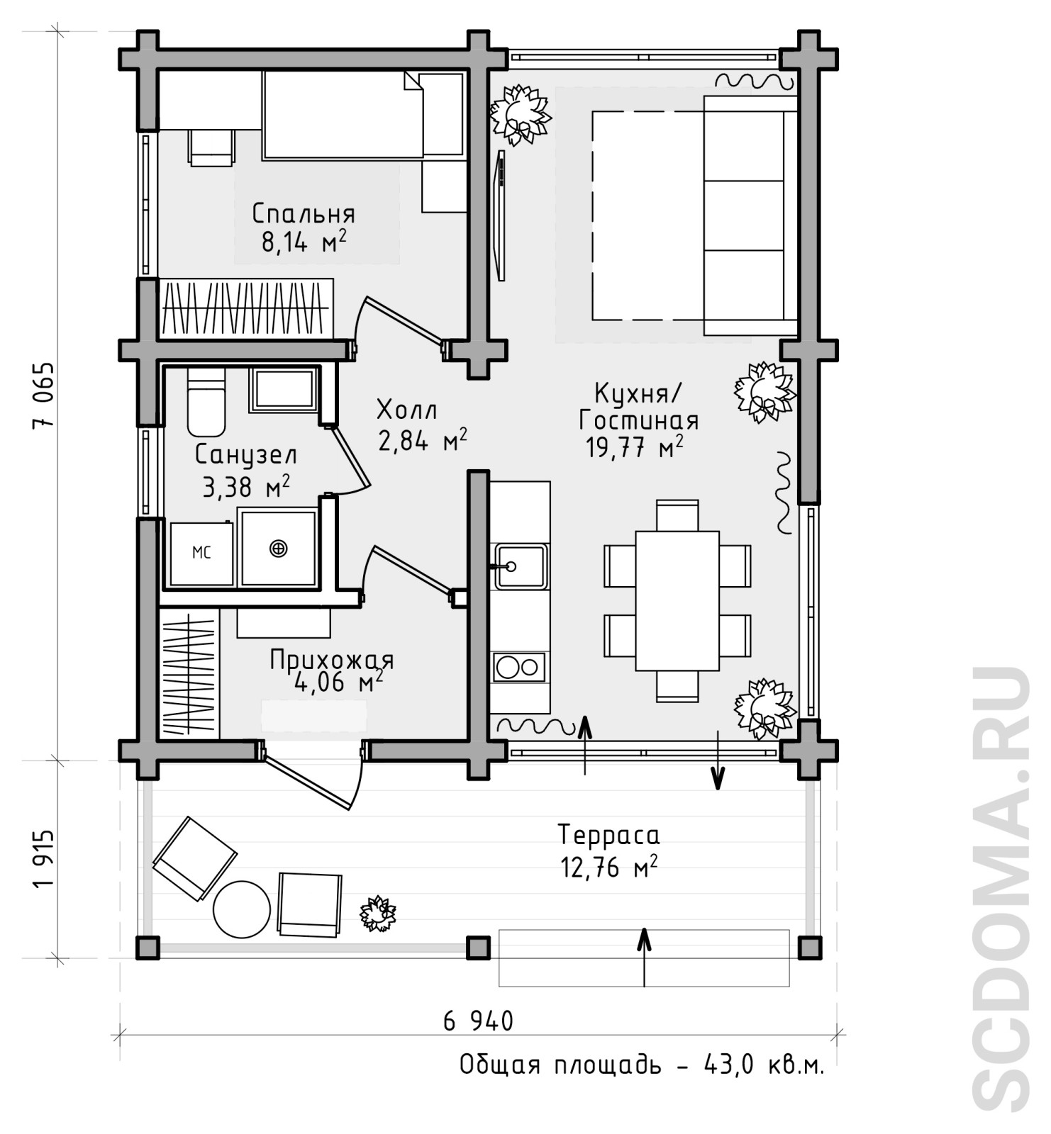 Проект дома из бруса 43 кв.м.
