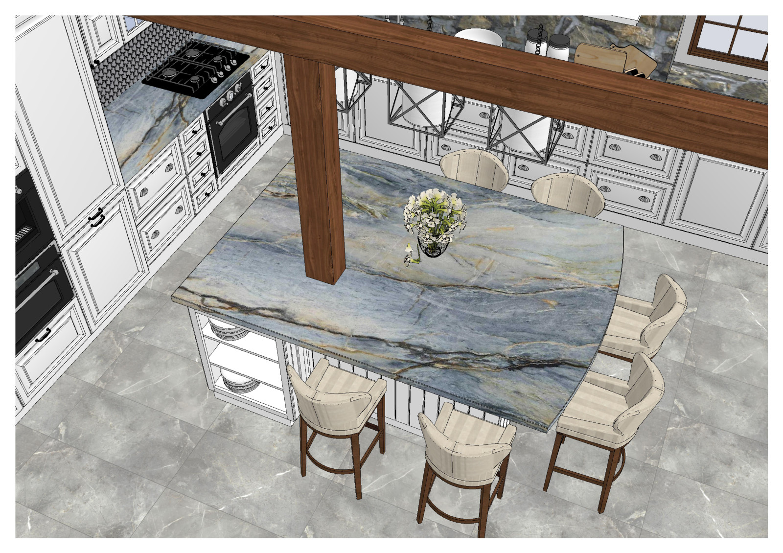 Кухня с большим островом в частном доме в США