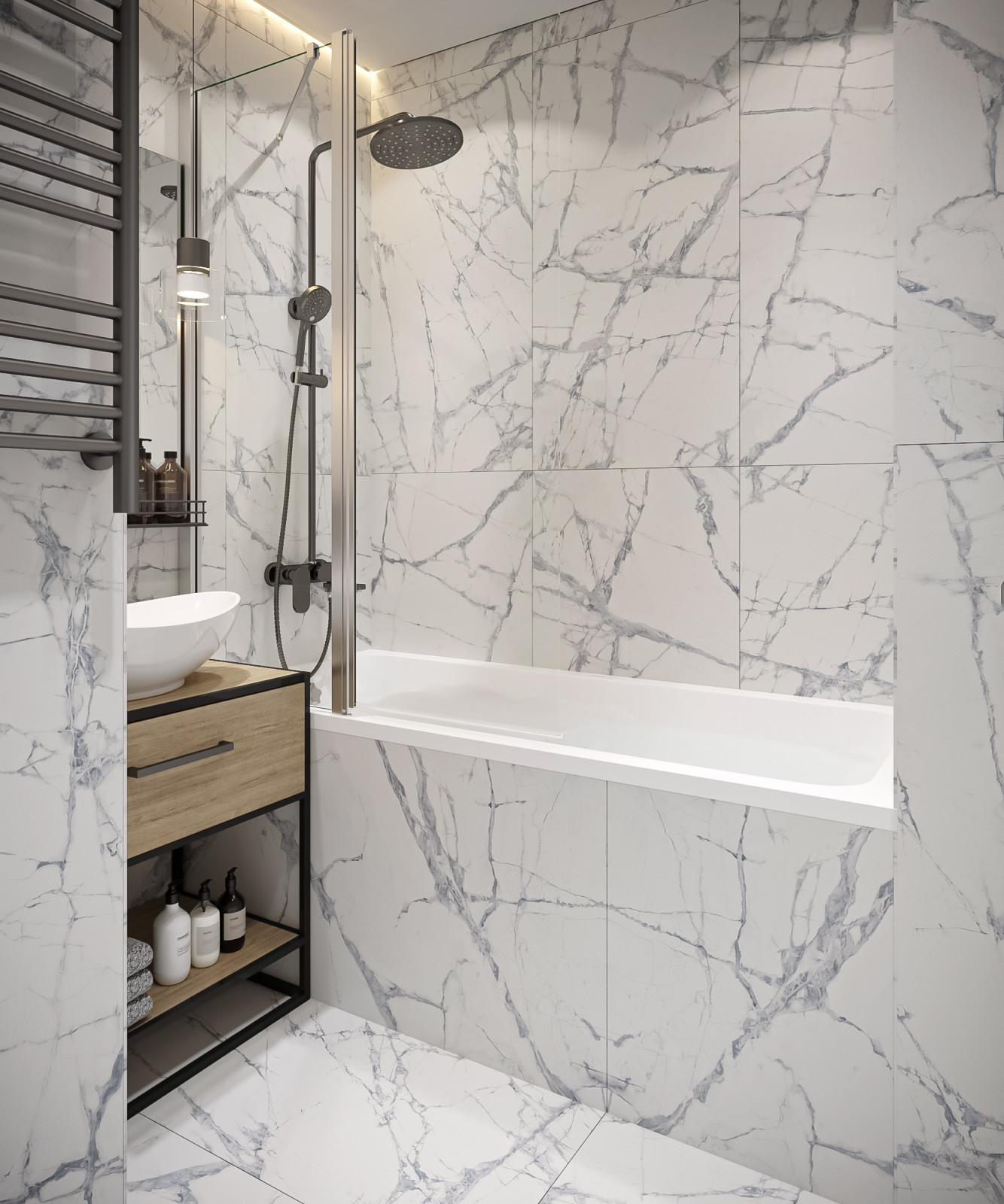 Ванная с керамогранитом под мрамор