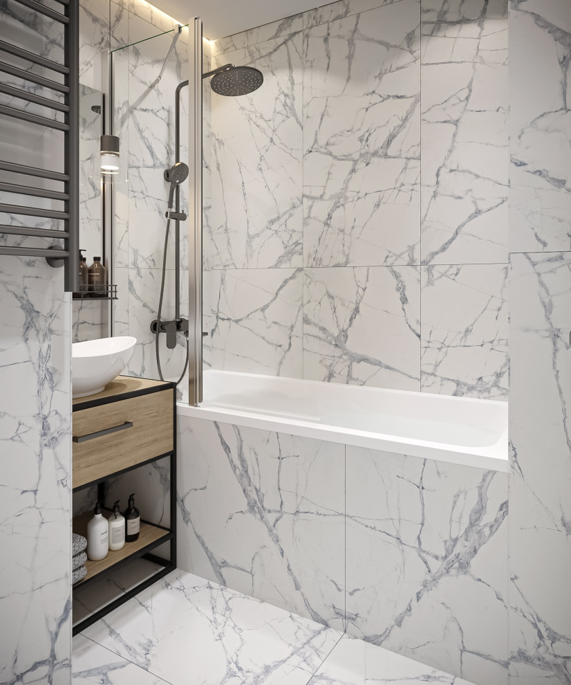 Ванная с керамогранитом под мрамор