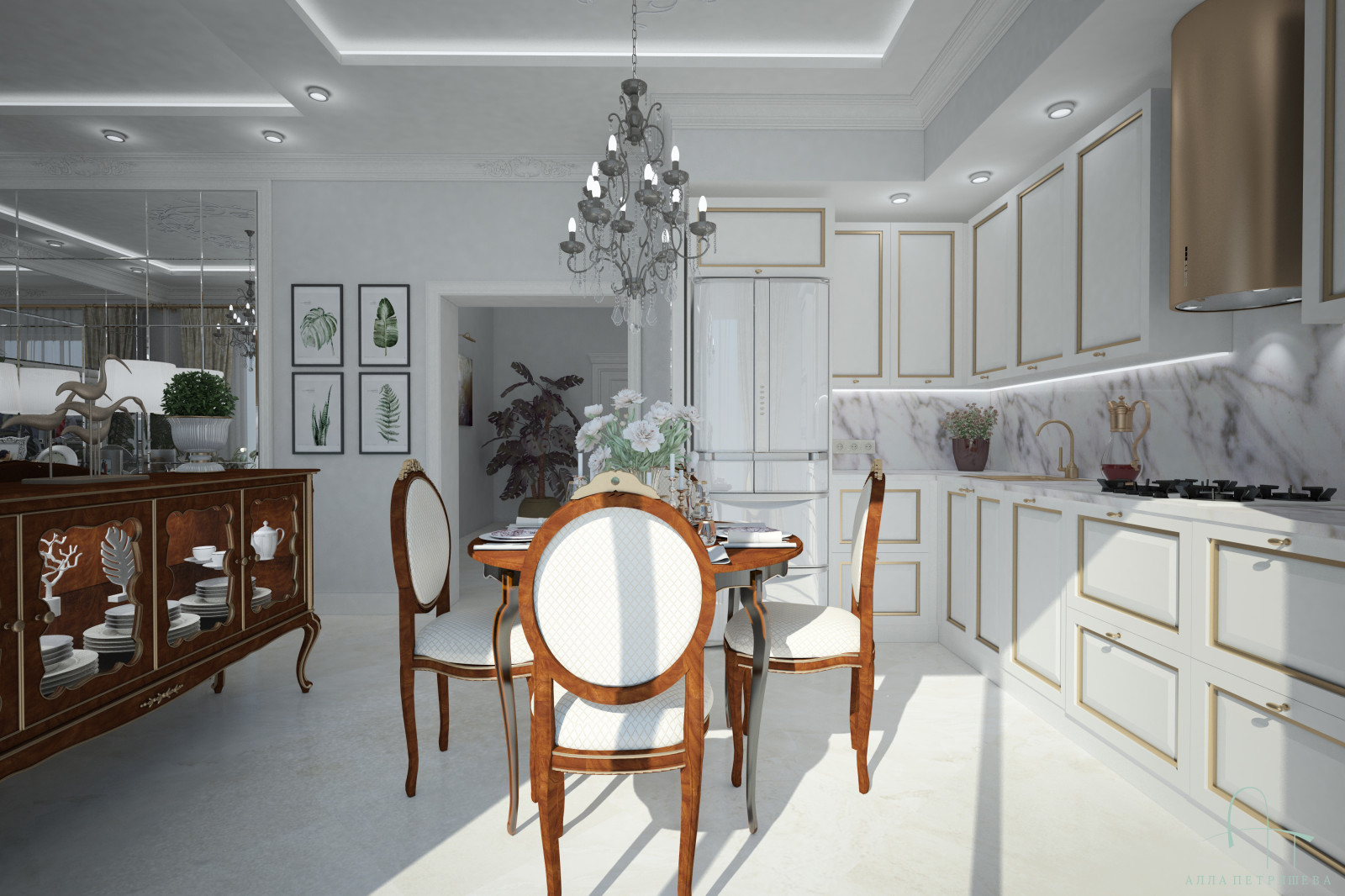 Проект Гостиной-столовой-кухни с французским оттенком.