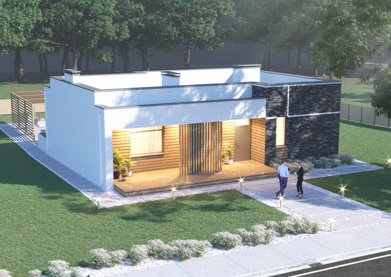 Проект 1-этажного 4-комнатного жилого дома с плоской крышей (флэтхаус)