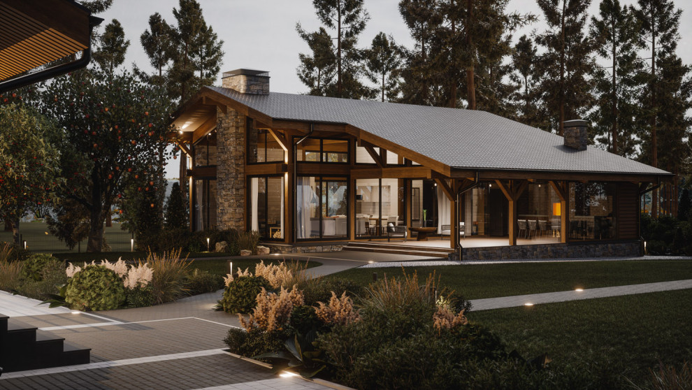 Гостевое шале баня Timber frame вечерний вид