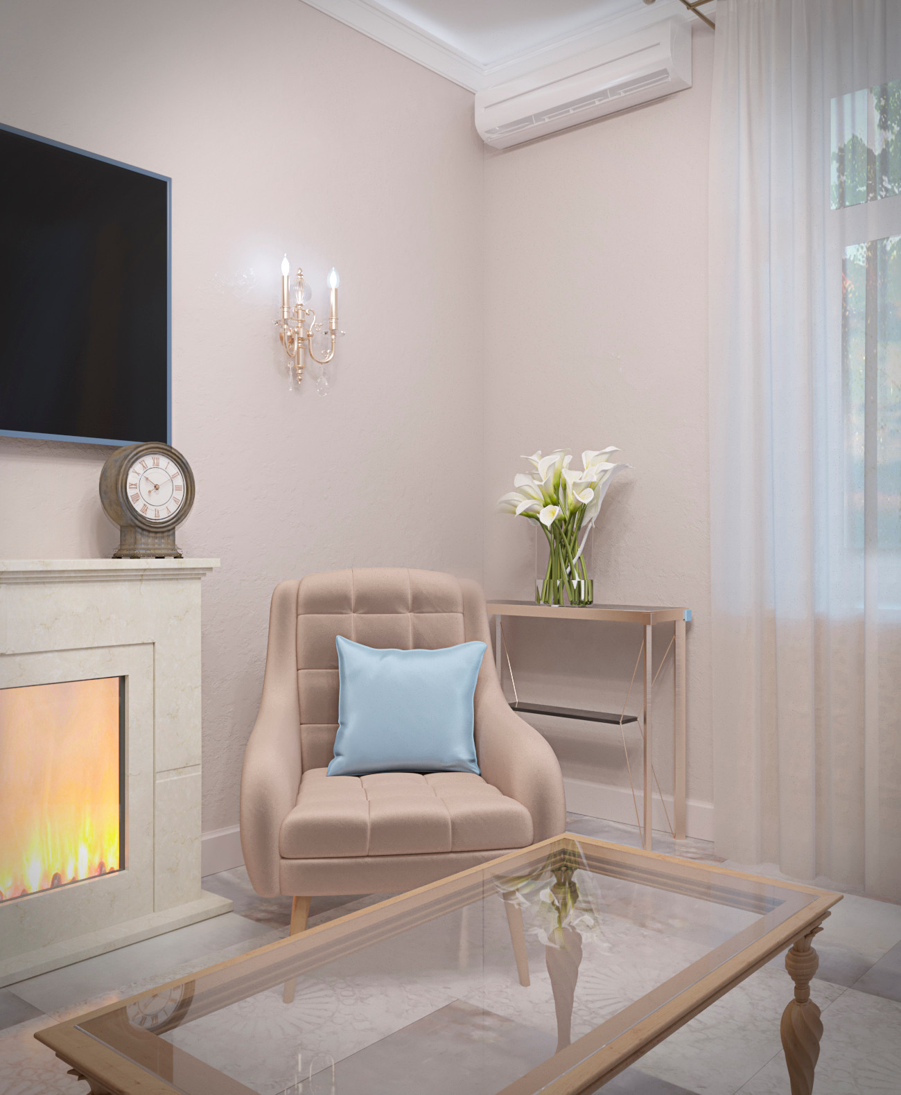 Гостиная 14, 5 кв. метра, каминная зона