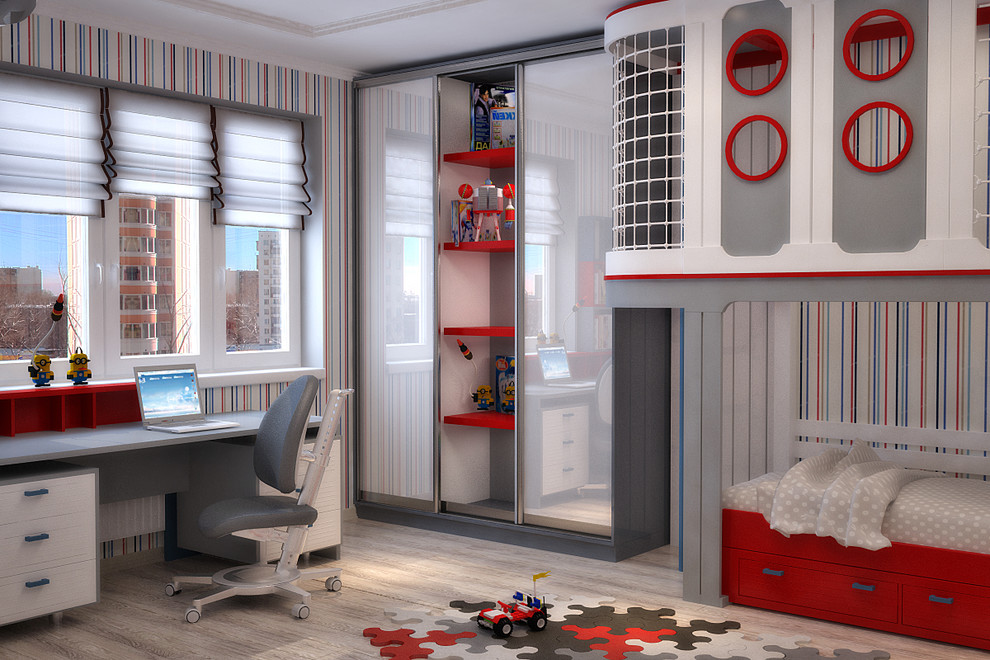 Sportive kids room for 2 children in blue and red - 3D vizualization