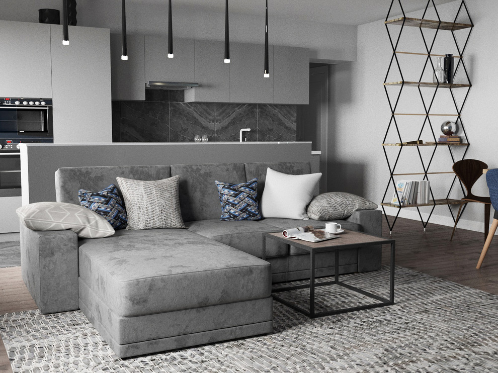 Обложка проекта: Кухня гостиная с синей стеной