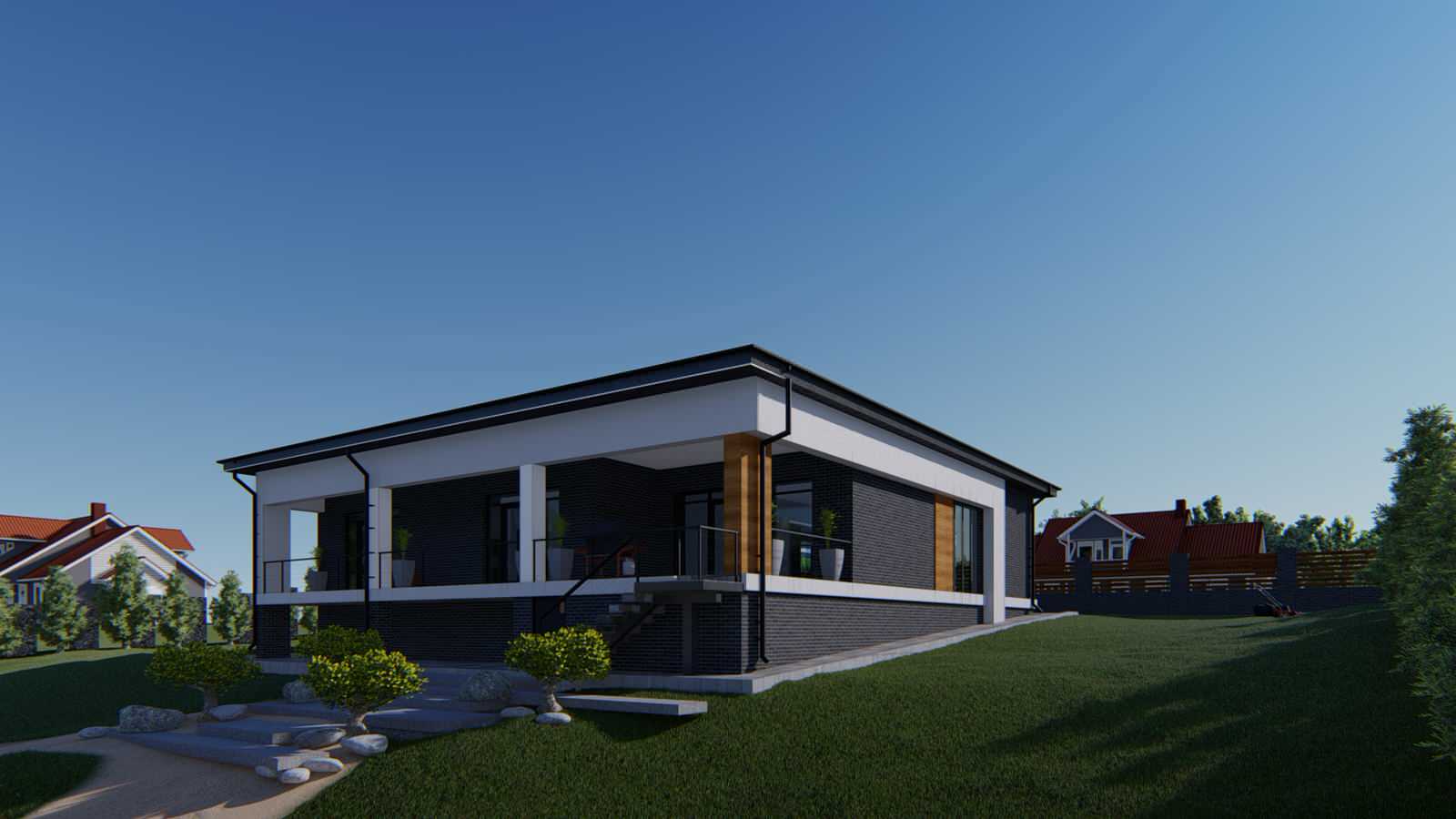 Обложка проекта: Проект жилого одноэтажного дома с террасой гаражом и навесом под одну машину