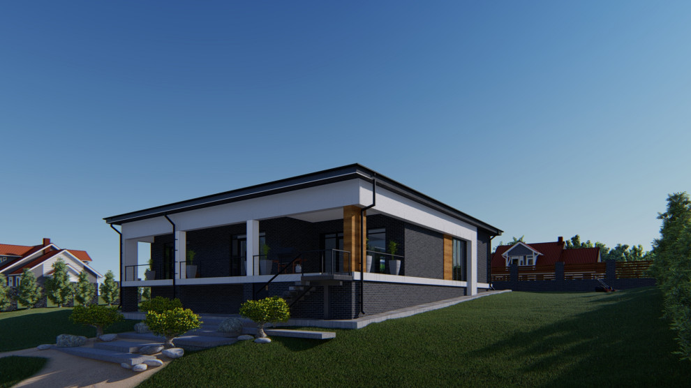 Обложка проекта: Проект жилого одноэтажного дома с террасой гаражом и навесом под одну машину