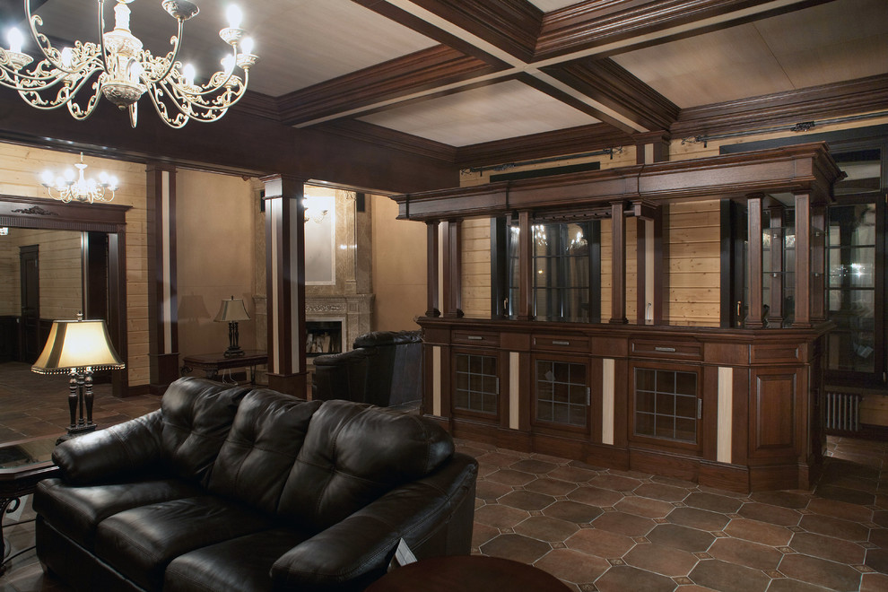 Кессонные потолки, стеновые панели, двери и кухня в деревянном доме