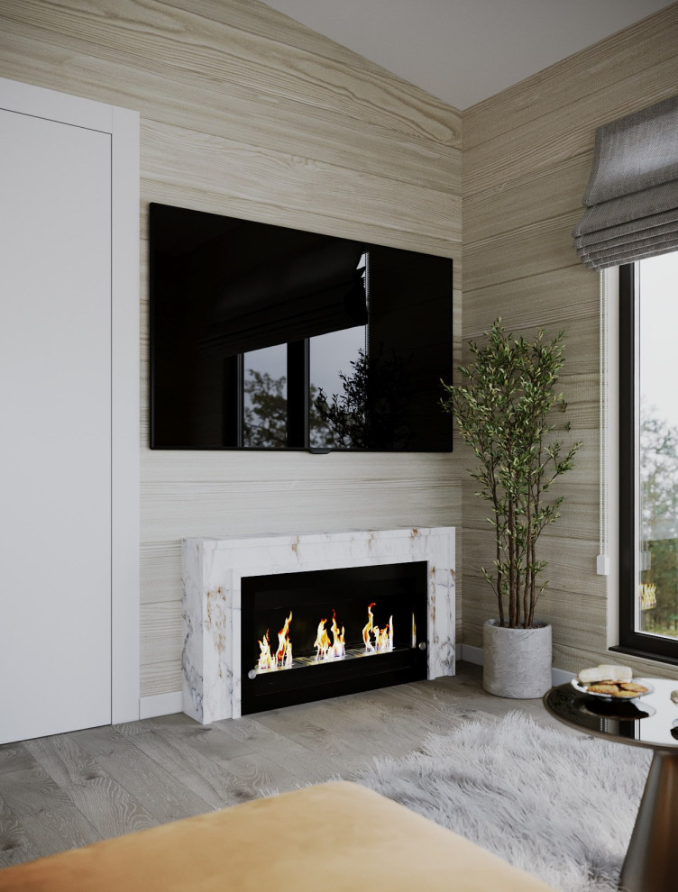 Дизайн кухни-гостиной в доме из бруса