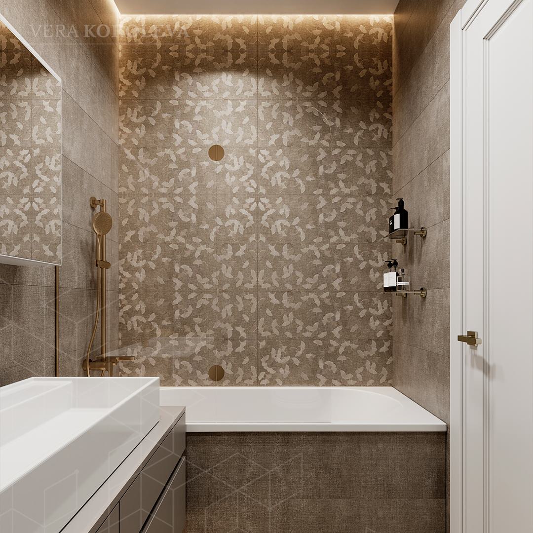 Ванная комната с душевой стойкой и сантехникой бронзового цвета