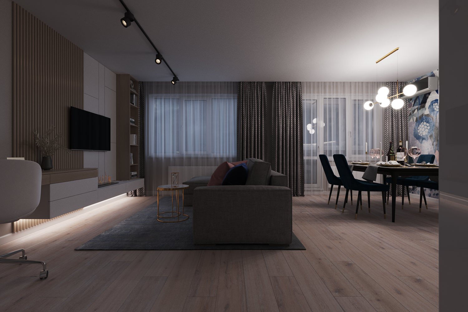 Кухня-гостиная с акцентной фреской