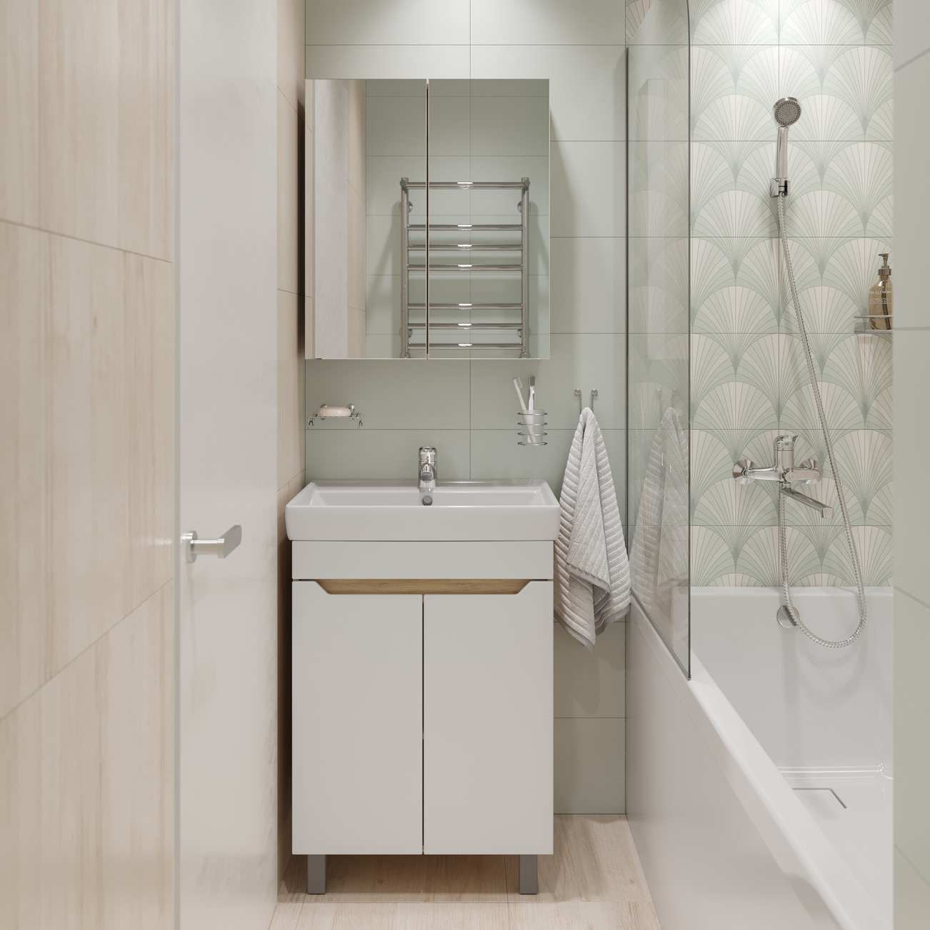 Светлая ванная комната (2,94 кв. м) в современном стиле ; Открывает новую вкладк