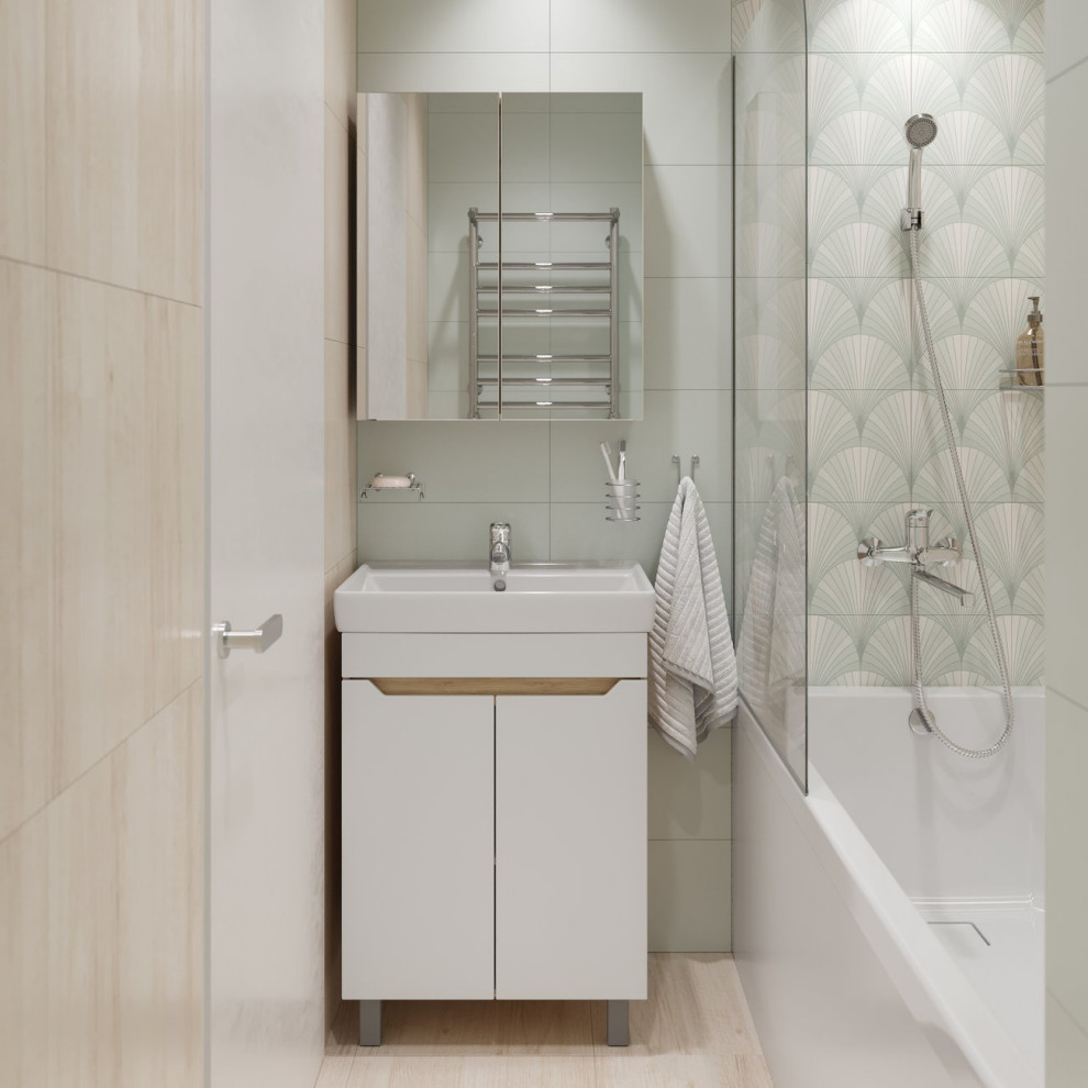 Светлая ванная комната (2,94 кв. м) в современном стиле ; Открывает новую вкладк