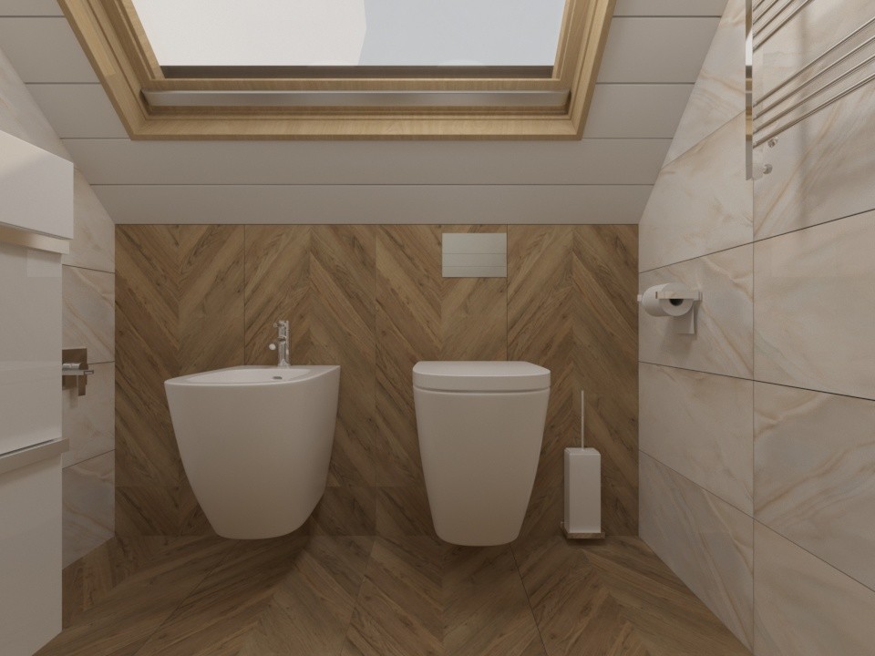 Санузел с мансардным окном в доме на берегу Волги