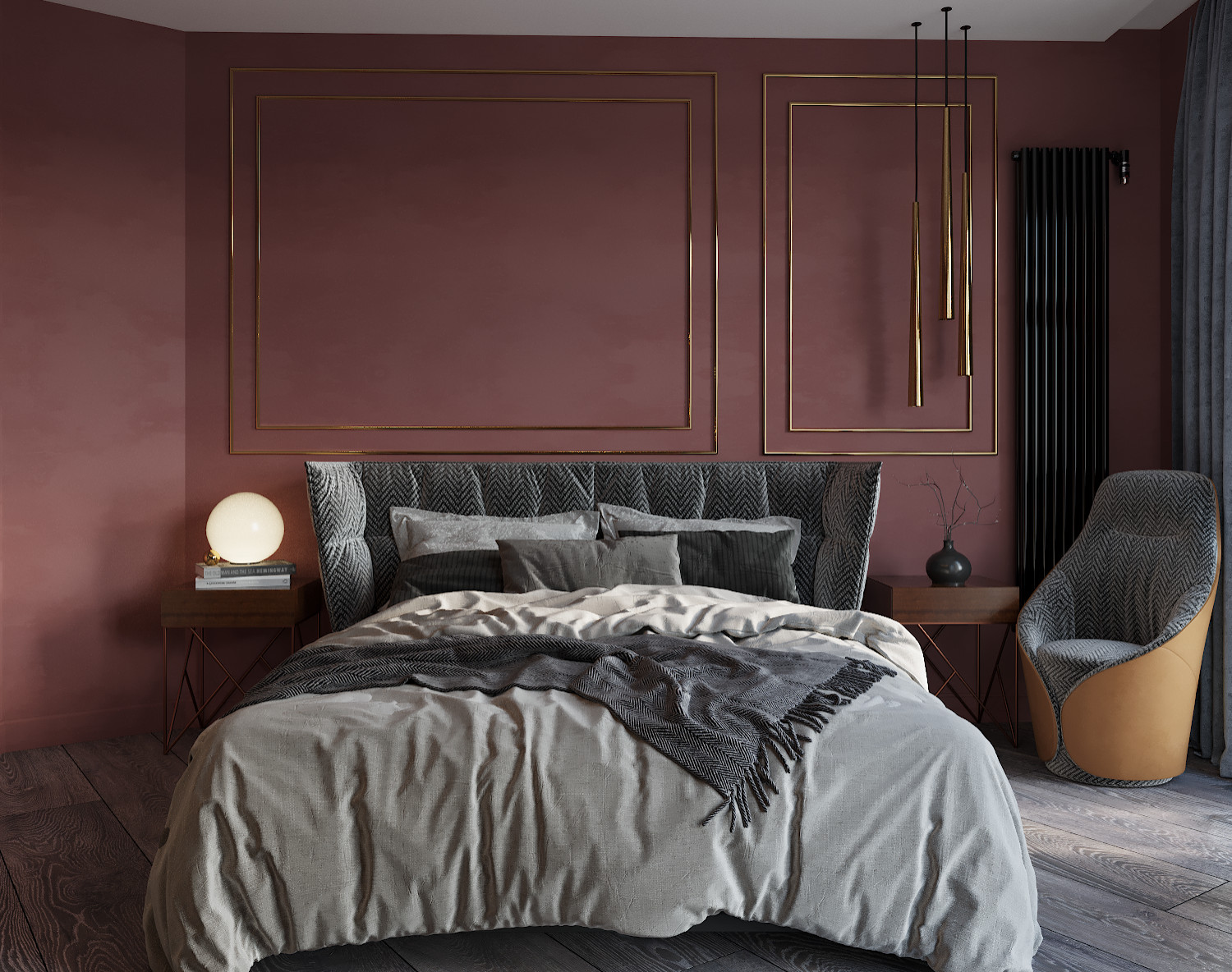 Обложка проекта: Спальня с темной стеной в изголовье и молдингами.