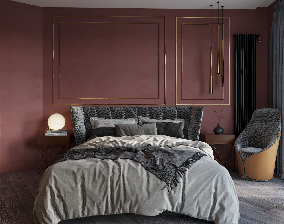 Обложка проекта: Спальня с темной стеной в изголовье и молдингами.