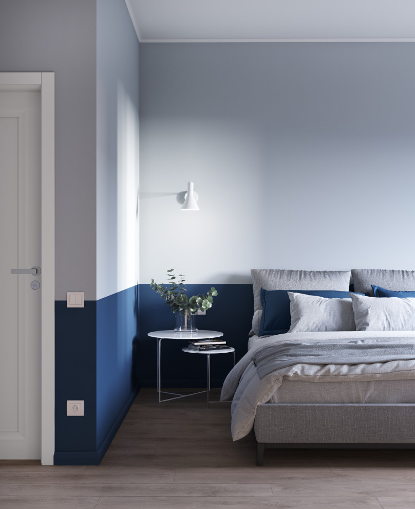 Дизайн интерьера спальни в квартире в стиле авангард синего цвета в светлых тона