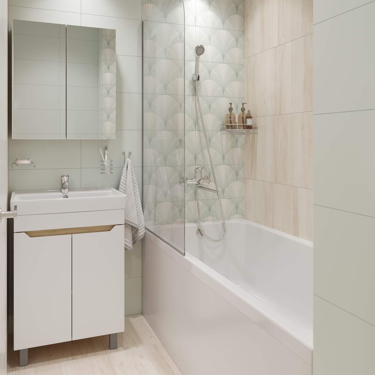 Светлая ванная комната (2,94 кв. м) в современном стиле ; Открывает новую вкладк