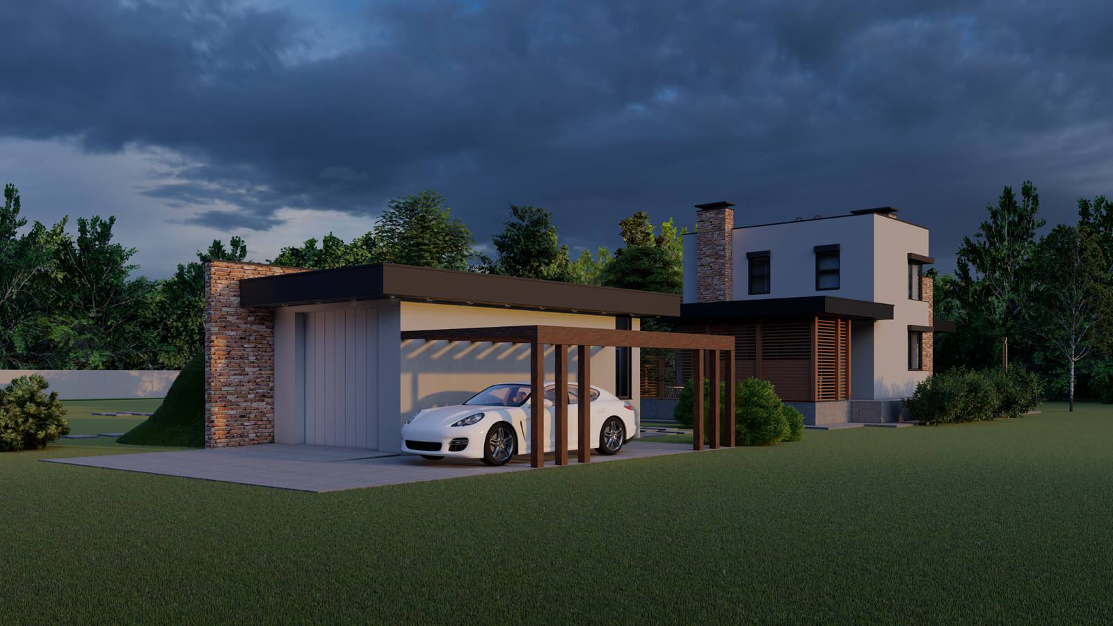 Вид на гараж и баню со стороны въезда на участок