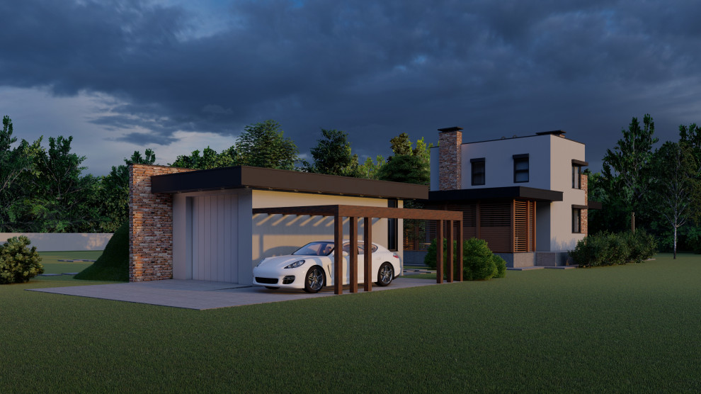 Вид на гараж и баню со стороны въезда на участок