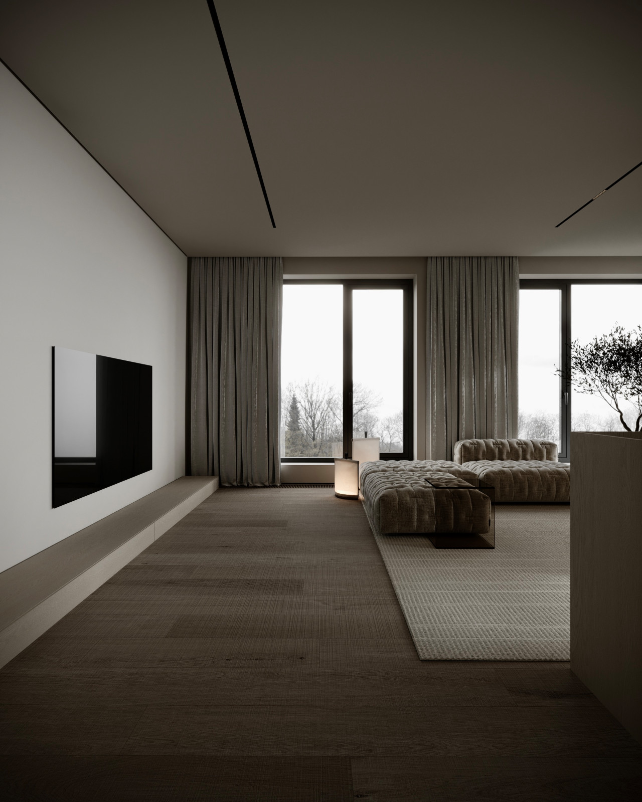 Концепт гостиной для двухкомнатной квартиры в Подмосковье