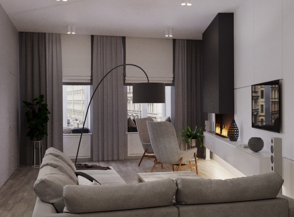 Визуализация гостинной с камином