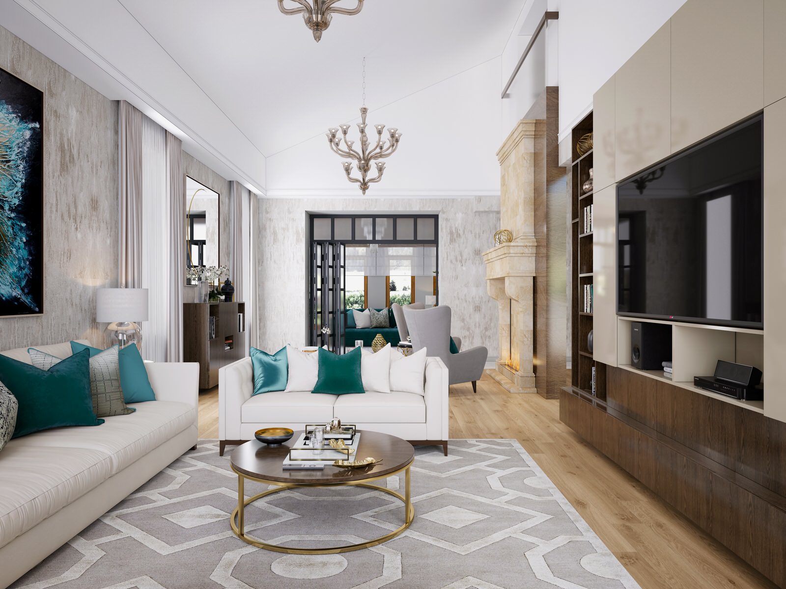 Гостиная и зимний сад в доме на Новорижском шоссе. 80 кв.м Дизайн,Комплектация..