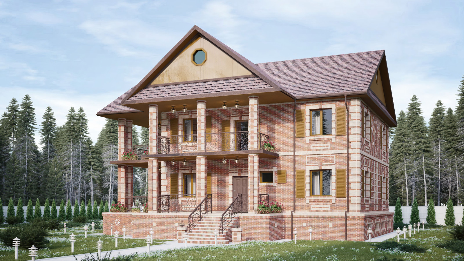 Дизайн фасада из кирпича для коттеджа на острове Русский