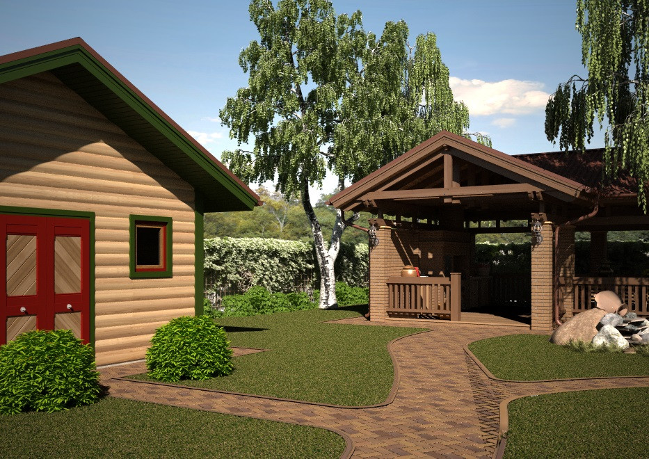 Ландшафтный дизайн для дома из оцилиндрованного бревна