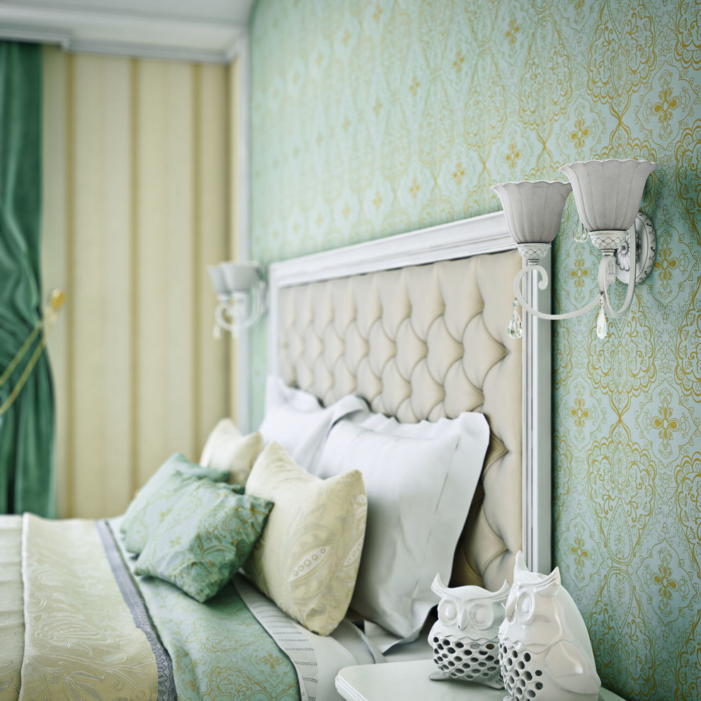 Зональное освещение в мятной спальне