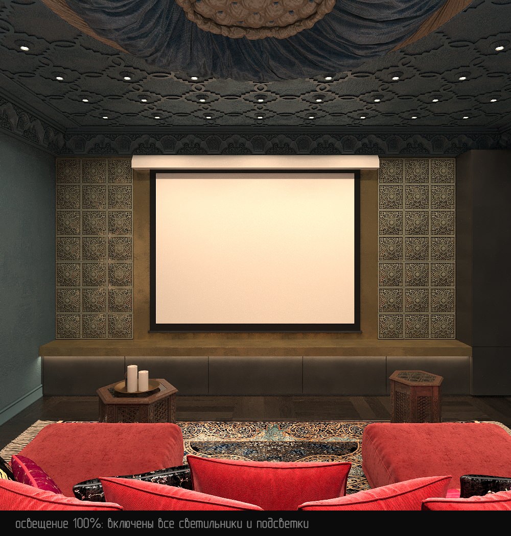 Интерьер кинозала в цокольном этаже загородного дома в Восточном стиле