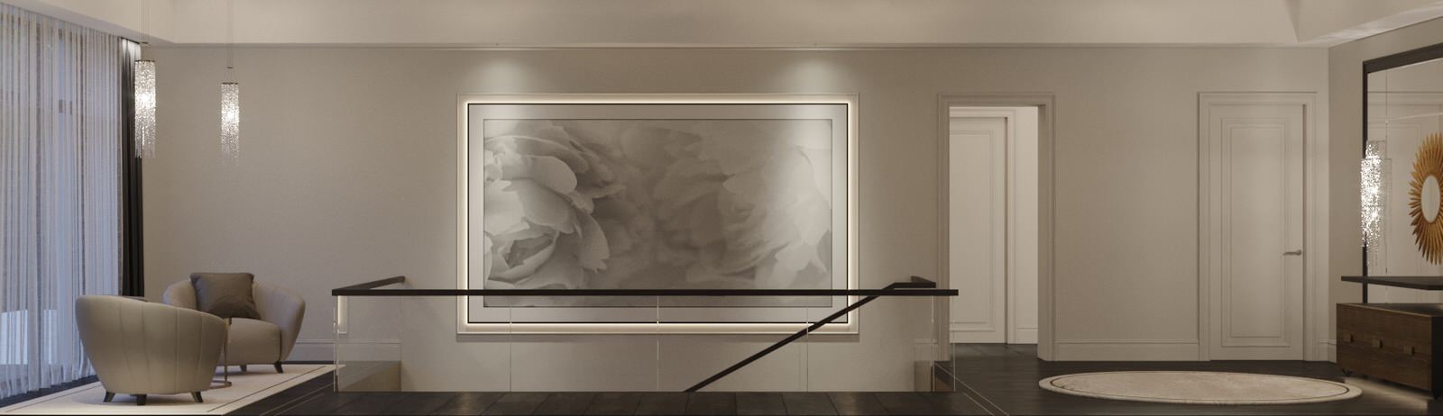 Загородный дом в современном стилехолл с лестницей, лестница, перилла, холл, лес