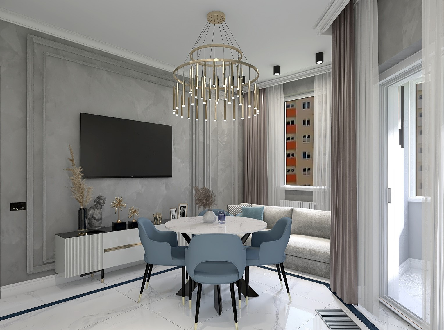 Гостиная в серо-голубых тонах