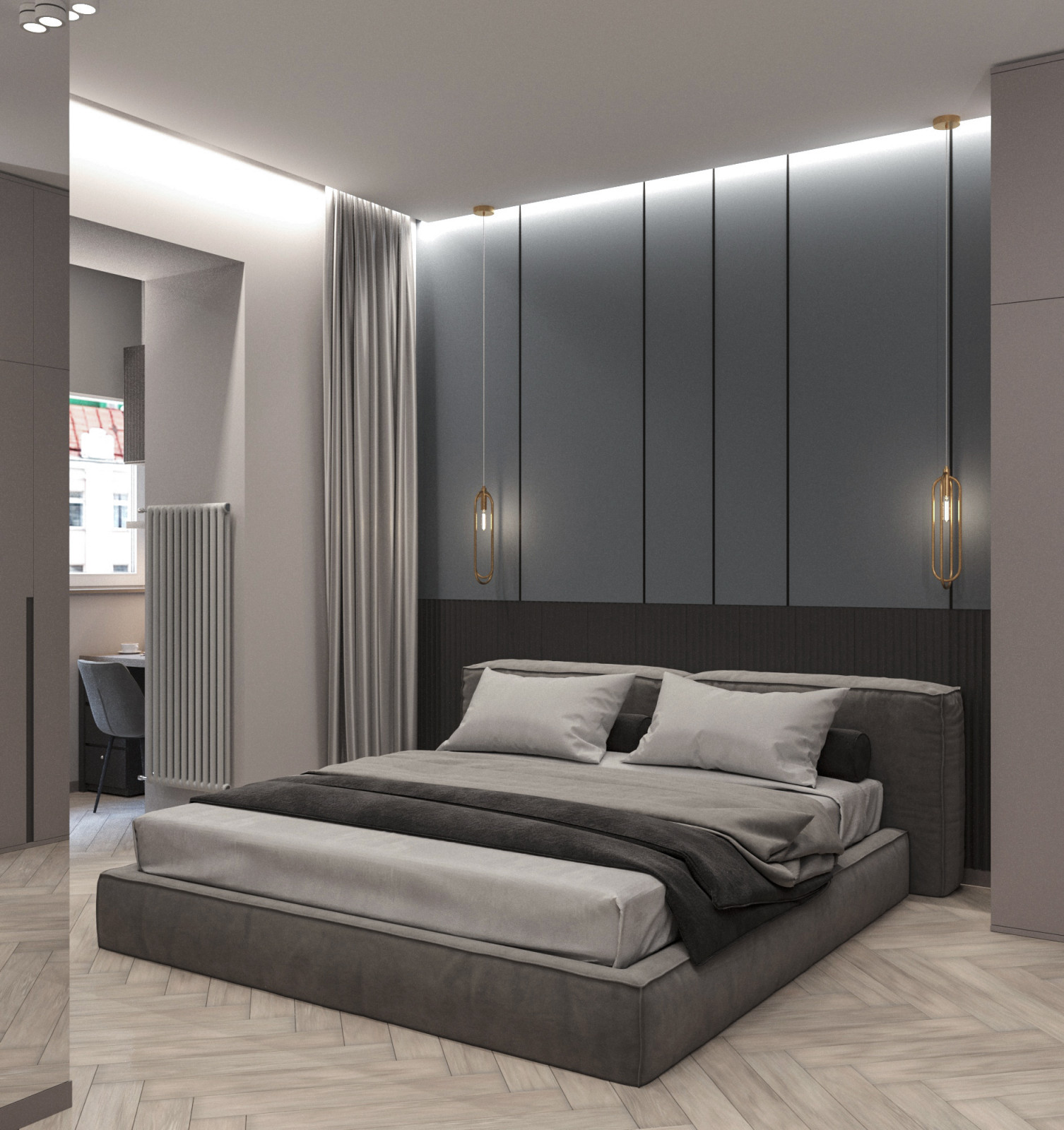 Просторная квартира в синими стенами