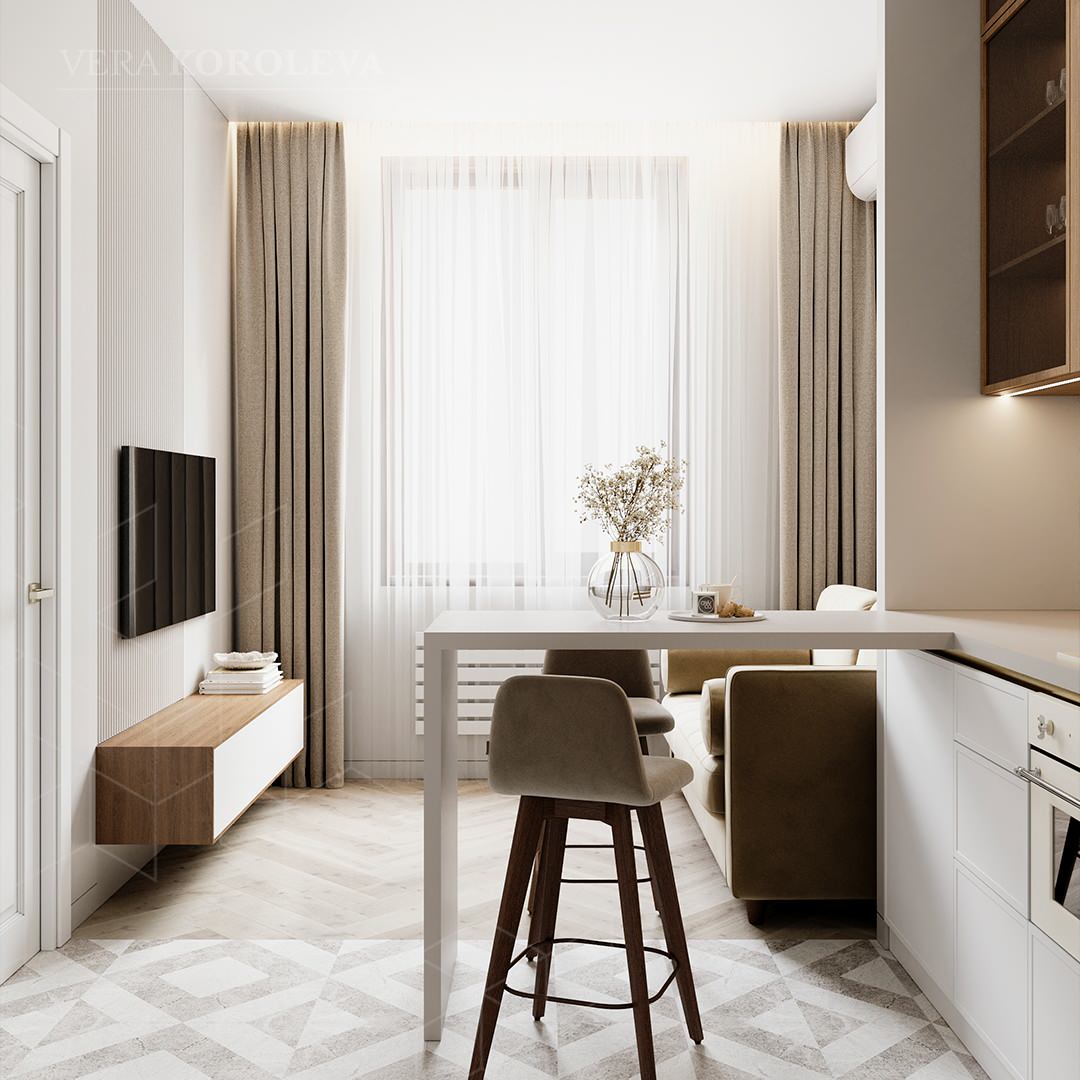 кухня-гостиная 10 кв. м с барной стойкой, диваном, зона ТВ с подвесной тумбой в