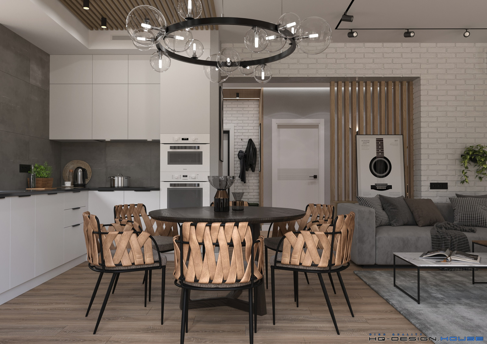 Кухня-гостиная в частном доме в современном стиле с элементами Лофт