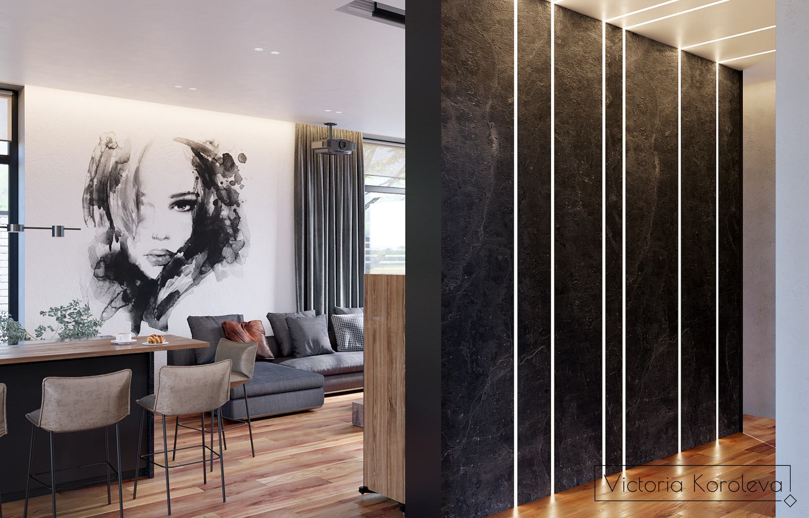 1 этаж частного дома. Гостиная-кухня-столовая.