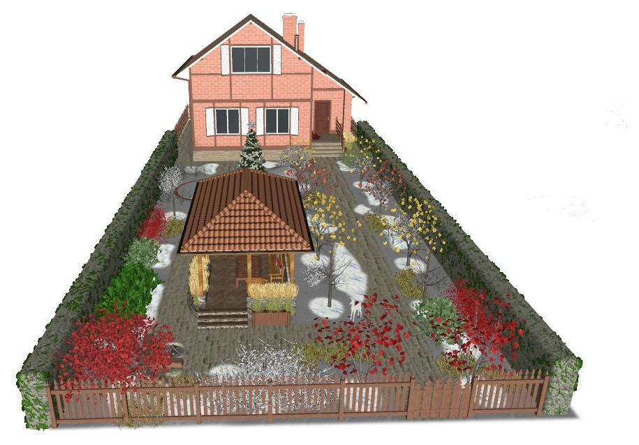 Проект ландшафтного дизайна участка у коттеджа круглогодичного проживания