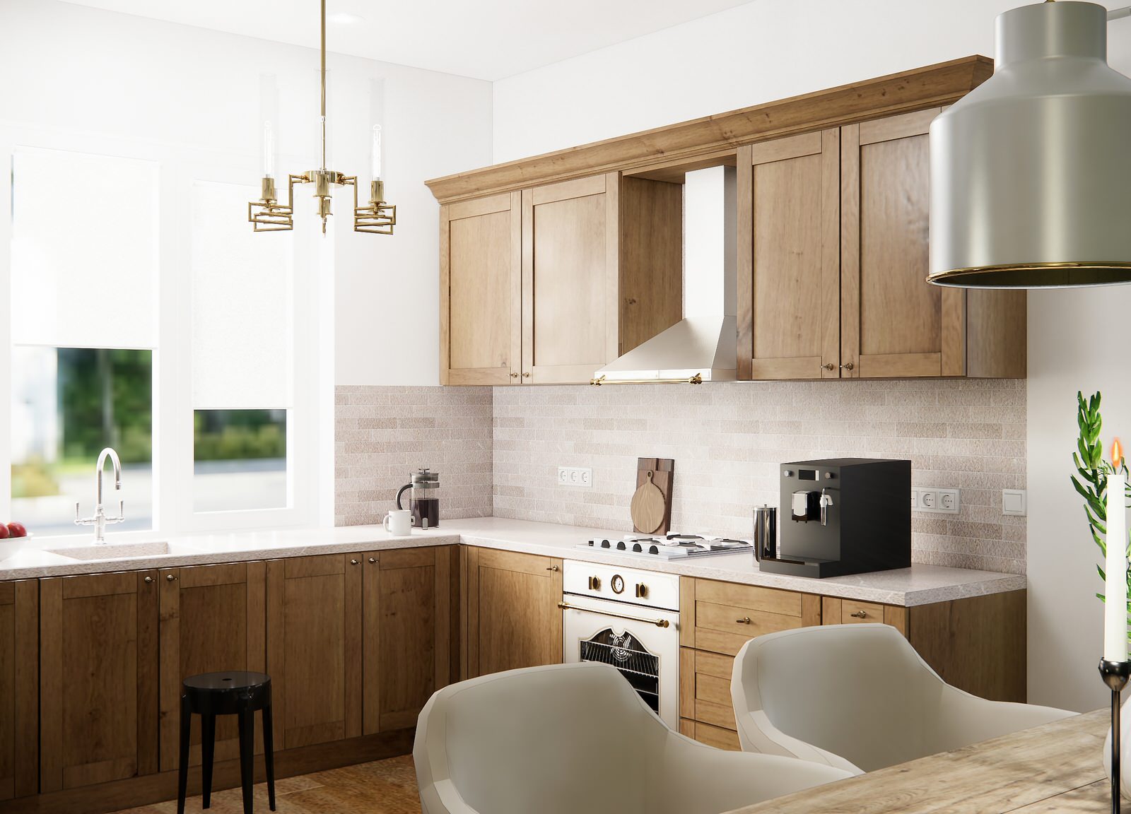 Дом в немецком стиле: кухня и гостиная с камином и лестницей