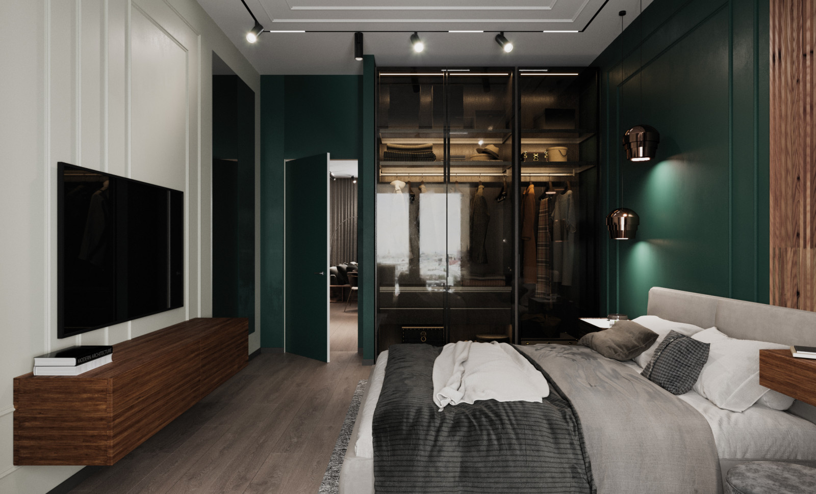 Дизайн спальни с изумрудным цветом и гардеробной комнаты