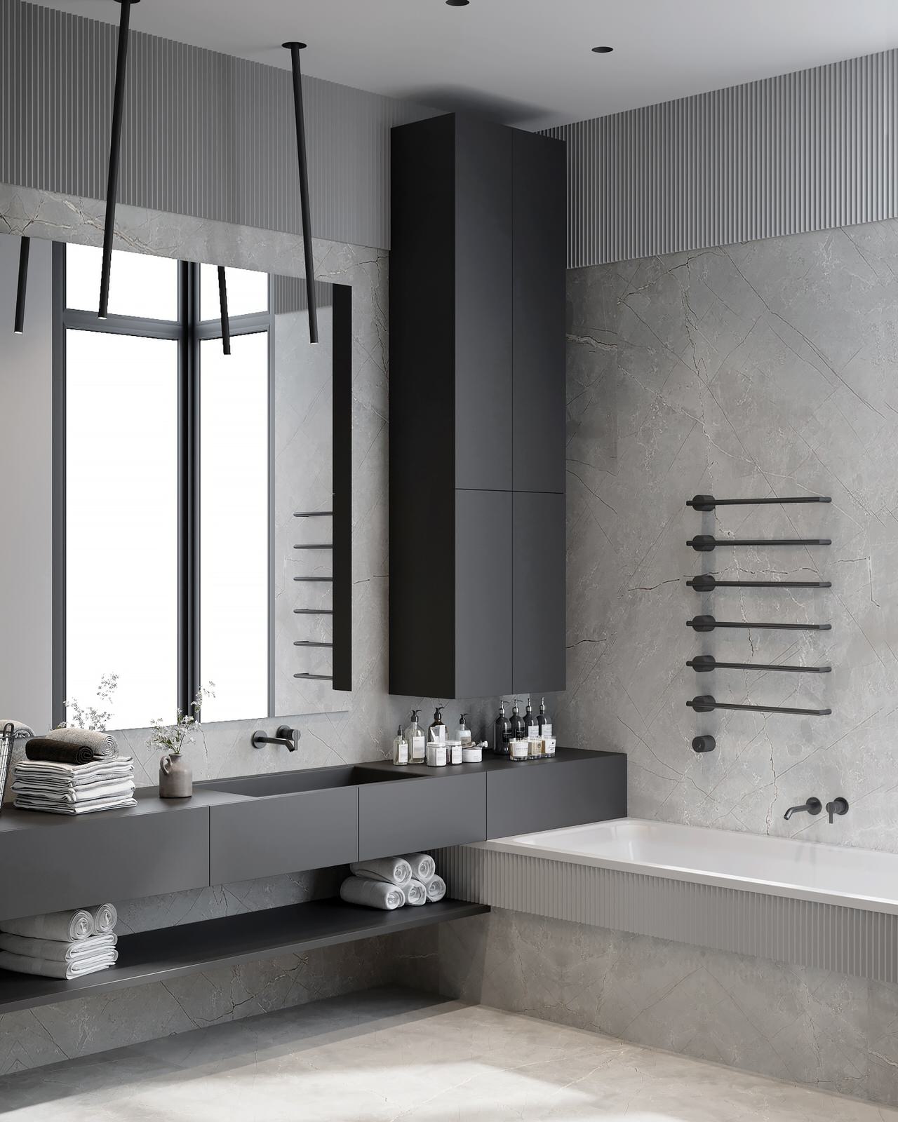 Монохромный интерьер ванной комнаты с необычной душевой