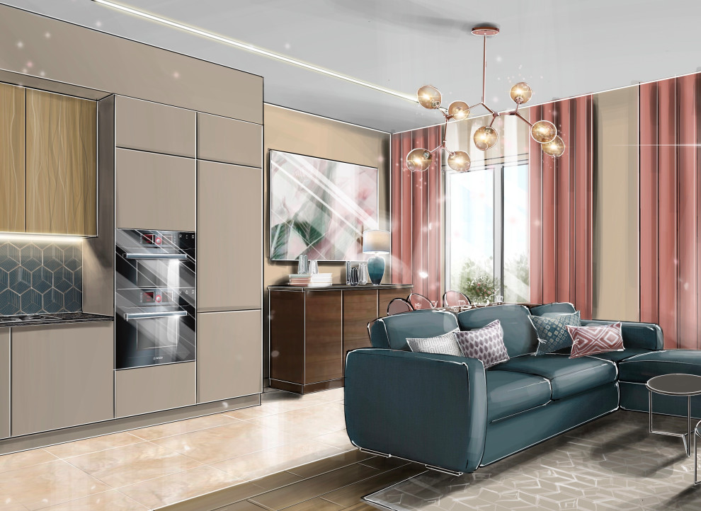 Обложка проекта: Гостиная-кухня с синим диваном