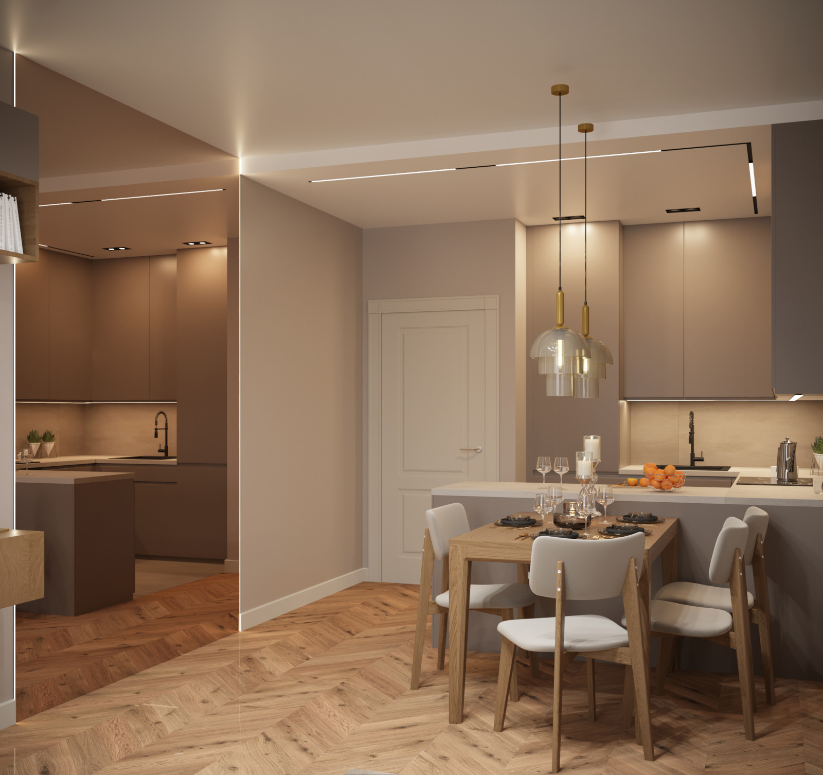 кухня-гостиная с зеркальной стеной