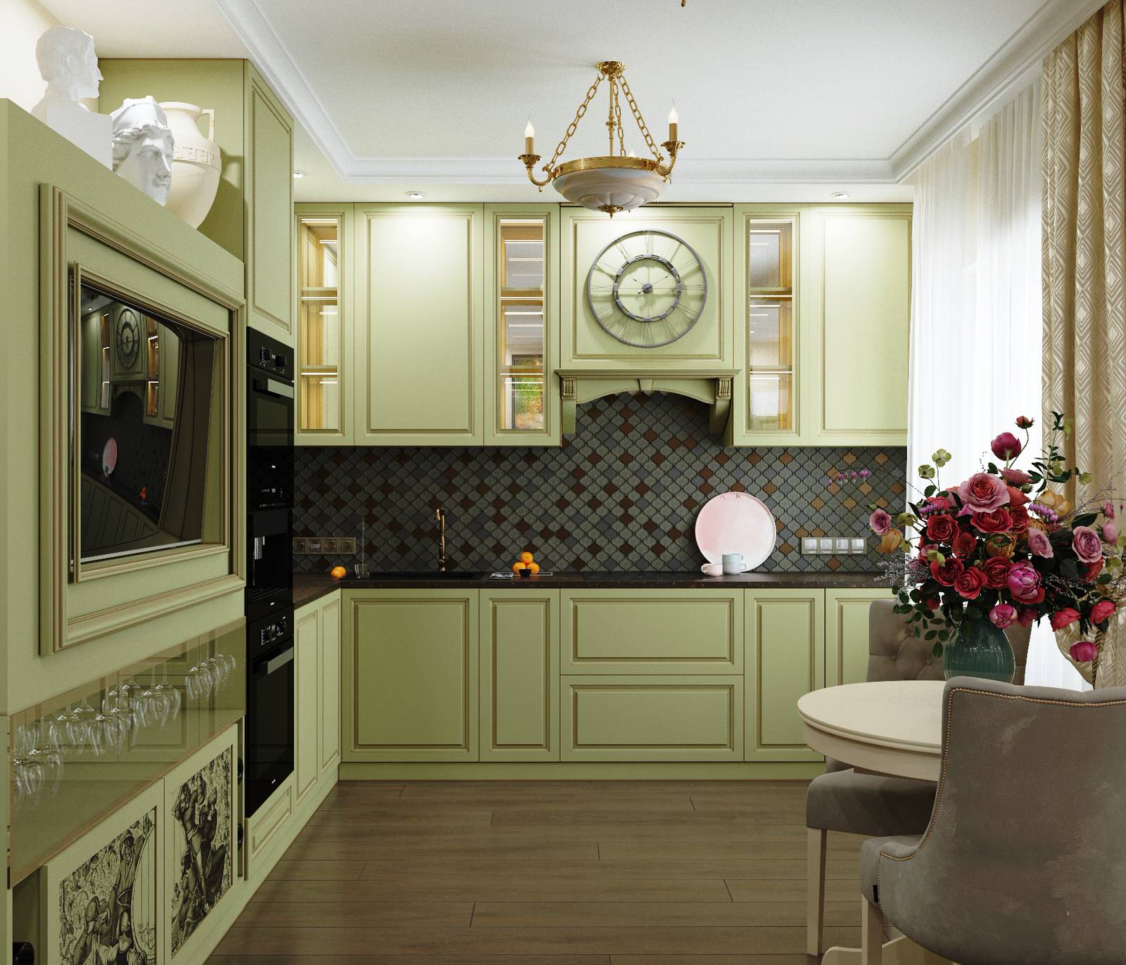 Обложка проекта: Кухня в оливковых тонах с винным шкафом, стиль новая классика